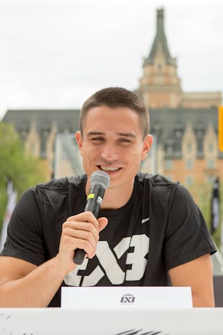Stefan Stojacic speaks during an opening press conference in Saskatoon, Canada on July 20, 2018.