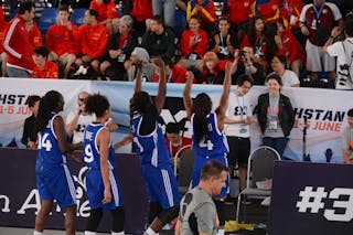 14 Sarah Shematsi (FRA) - 11 Astou Gaye (FRA) - 9 Diene Diane (FRA) - 4 Johana Lukoki (FRA) - Spain v France, 2016 FIBA 3x3 U18 World Championships - Women, Semi final, 5 June 2016