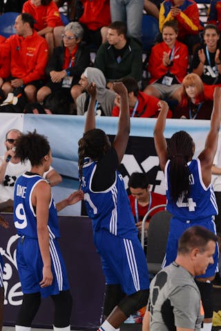 14 Sarah Shematsi (FRA) - 11 Astou Gaye (FRA) - 9 Diene Diane (FRA) - 4 Johana Lukoki (FRA) - Spain v France, 2016 FIBA 3x3 U18 World Championships - Women, Semi final, 5 June 2016