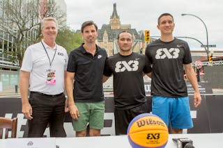 Todd Brandt, Ignacio Soriano, Michael Linklater and Stefan Stojacic pose for a group photo during a press conference held in Saskatoon, Canada on July 20, 2018