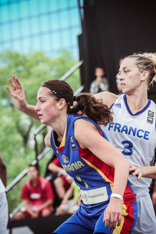 1 Marta Fodor (ROU) - 13 Dijon Sandra (FRA) - 3 Perrine Le Leuch (FRA) - France v Romania, 2016 FIBA 3x3 World Championships - Women, Pool, 12 October 2016