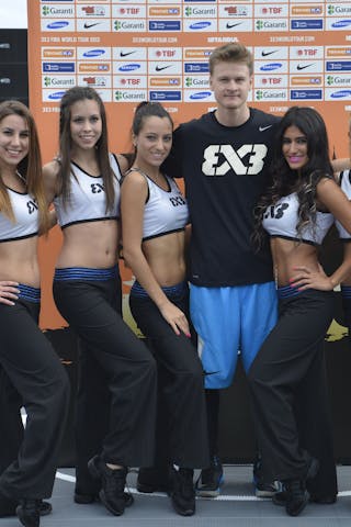 Dunk contest winner with cheerleaders at the 2013 FIBA 3x3 World Tour final in Istanbul